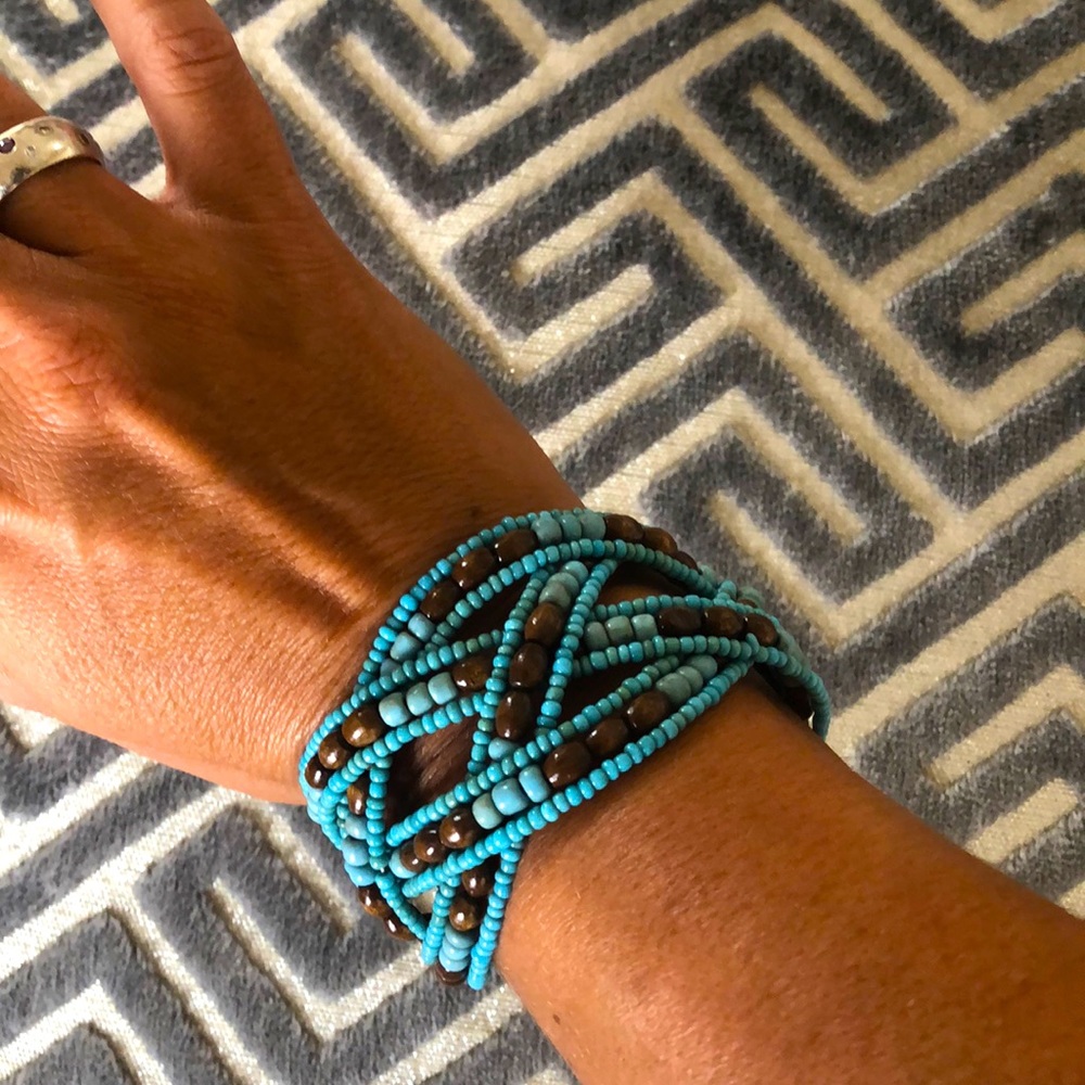 Turquoise & Wood Beaded Cuff